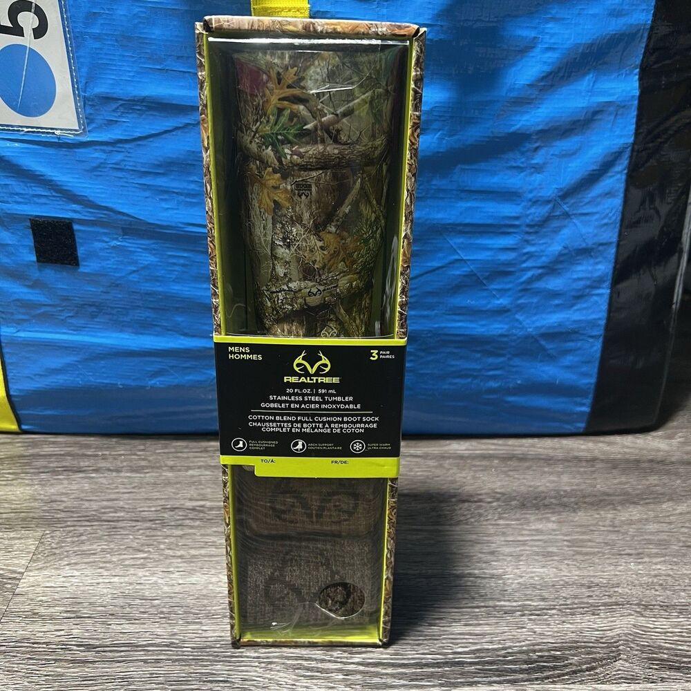 Realtree Edge 4 Piece 12 oz. Stainless Tumbler & 3 Pack Cushion Boot Socks Set